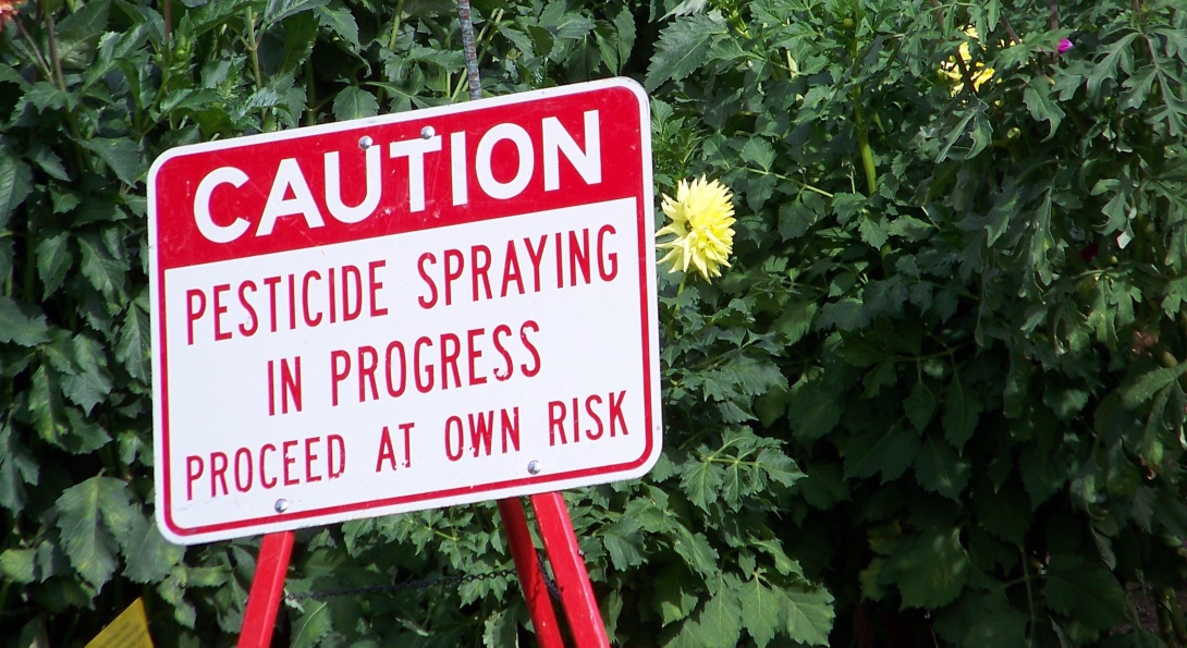A sign in a park warns visitors that pesticide spraying is in progress.