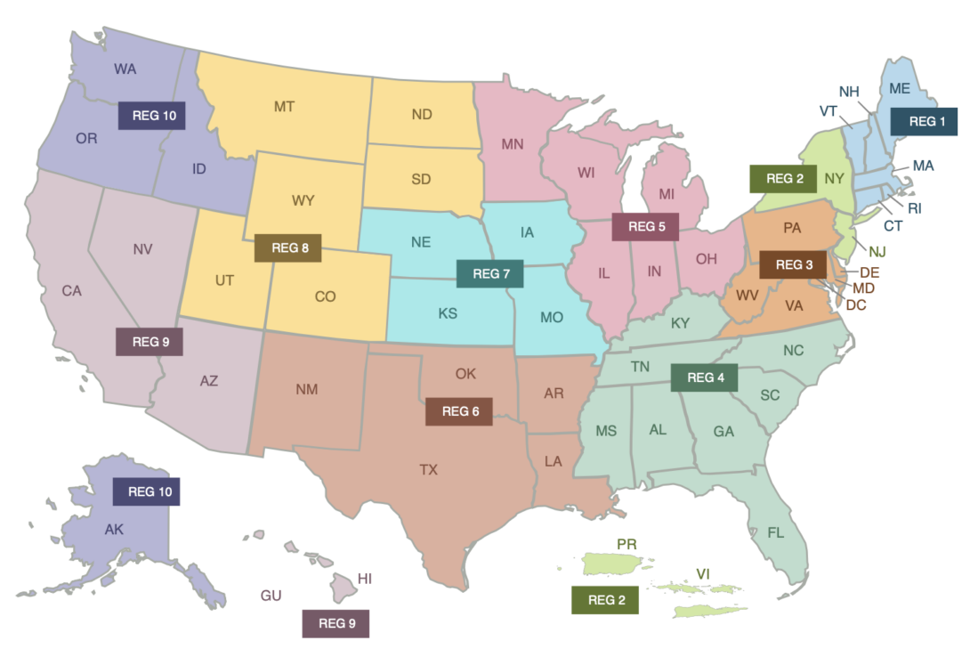 Map of the United States depicting the different PEHSU regions